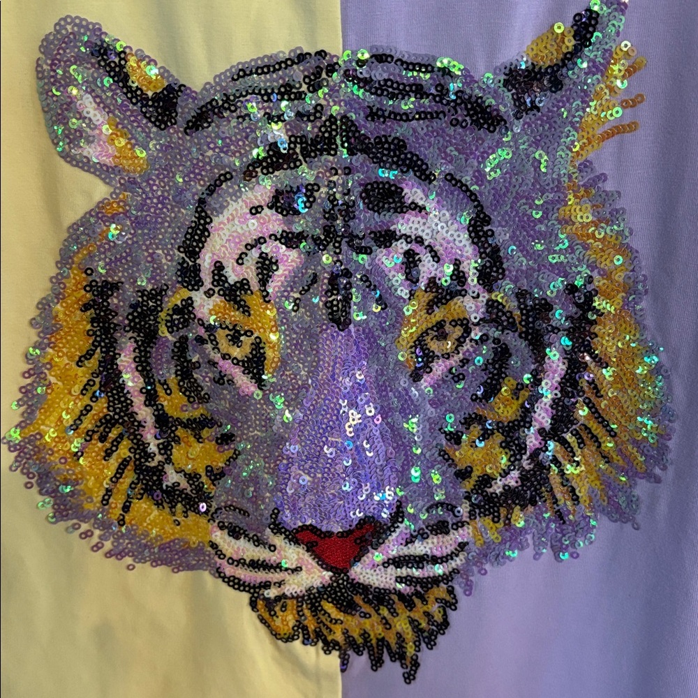 Ladies' Yellow & Lavender Sequin Tiger Short Sleeve Tee - Picture 5 of 7